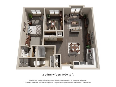 Floor plan for 2 beds, 1.5 baths, 1020 sqft
